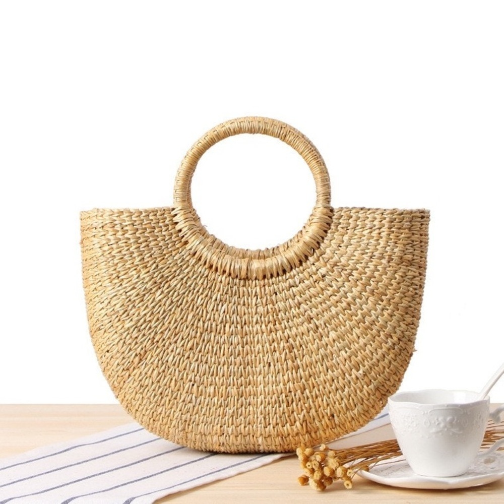 Woven Straw Circle Handle Tote Bag - Natural